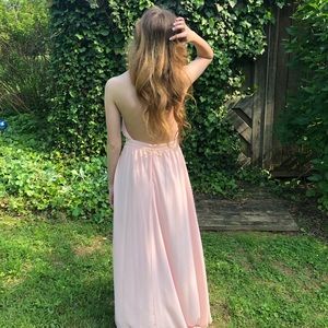 Blush pink high neck backless prom dress. 2 high slits